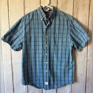 IZOD Men's Short Sleeve Blue and Green Plaid Button Down
Shirt Size M